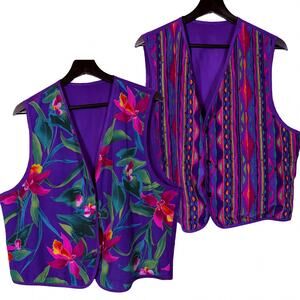 Vintage Purple Reversible Vest Pink Brights Floral Geometric 80s Retro Layering
